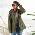 Hooded parka in olive cotton twill with sherpa-lined hood