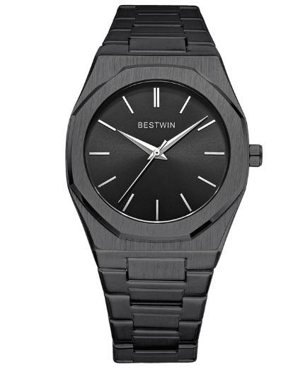 Blue dial watch with brushed stainless steel integrated bracelet, view 7