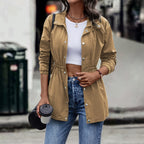 Utility jacket in deep olive cotton ripstop with elastic waist and snap front, view 2