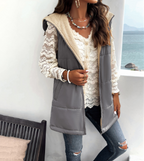 Hooded sherpa-lined vest in deep olive twill, long cut, view 2