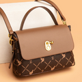 Monogram pattern flap bag in brown embossed vegan leather, front view
