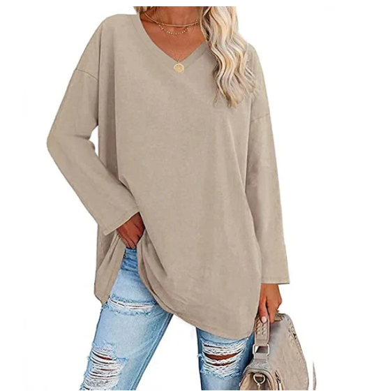 Oversized V-neck blouse in buttercream cotton modal knit, view 8