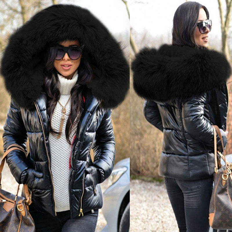 Hooded puffer jacket in glossy black with deep faux fur hood trim