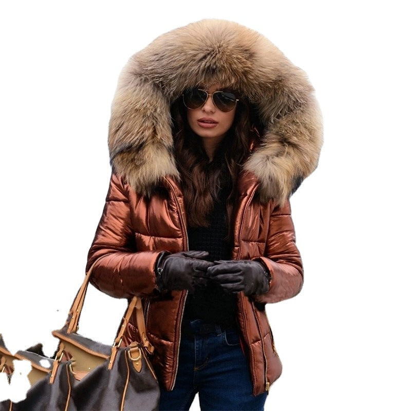 Hooded puffer jacket in glossy black with deep faux fur hood trim, view 3