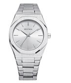 Blue dial watch with brushed stainless steel integrated bracelet, view 9