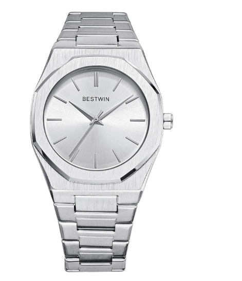 Blue dial watch with brushed stainless steel integrated bracelet, view 9