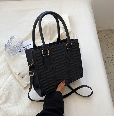 Quilted square box bag in pebbled vegan leather with greek key pattern, view 6