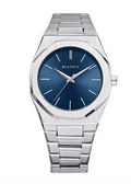 Blue dial watch with brushed stainless steel integrated bracelet