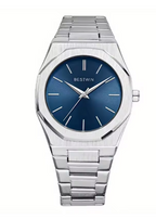 Blue dial watch with brushed stainless steel integrated bracelet