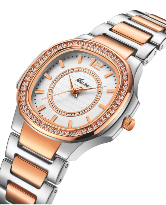 Two tone bracelet watch in silver and rose gold with crystal bezel