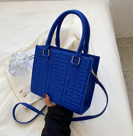 Quilted square box bag in pebbled vegan leather with greek key pattern, view 5