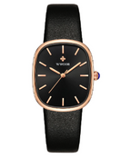 Minimalist watch with white leather strap and rose gold cushion case, view 2