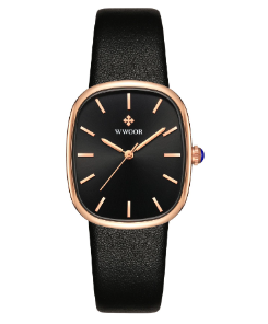 Minimalist watch with white leather strap and rose gold cushion case, view 2