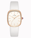 Minimalist watch with white leather strap and rose gold cushion case