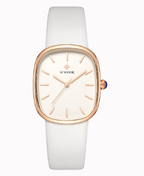 Minimalist watch with white leather strap and rose gold cushion case