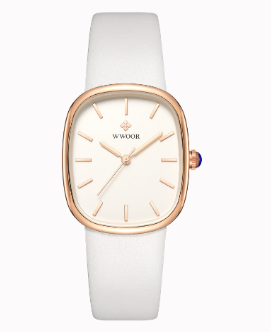 Minimalist watch with white leather strap and rose gold cushion case