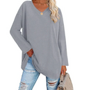 Oversized V-neck blouse in buttercream cotton modal knit, view 9