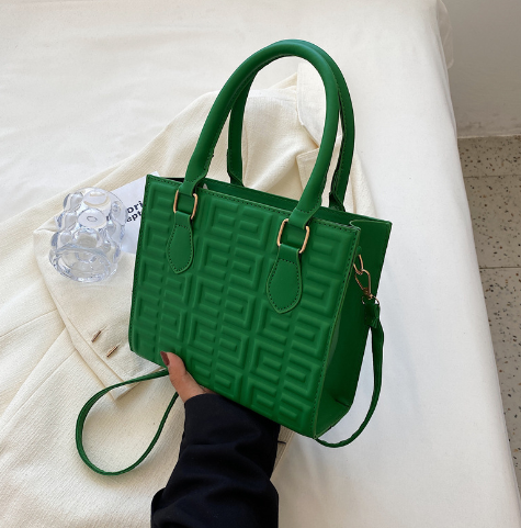 Quilted square box bag in pebbled vegan leather with greek key pattern, view 3