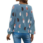 Feather print lantern sleeve blouse in white crepe with dusty rose and charcoal feathers, view 5