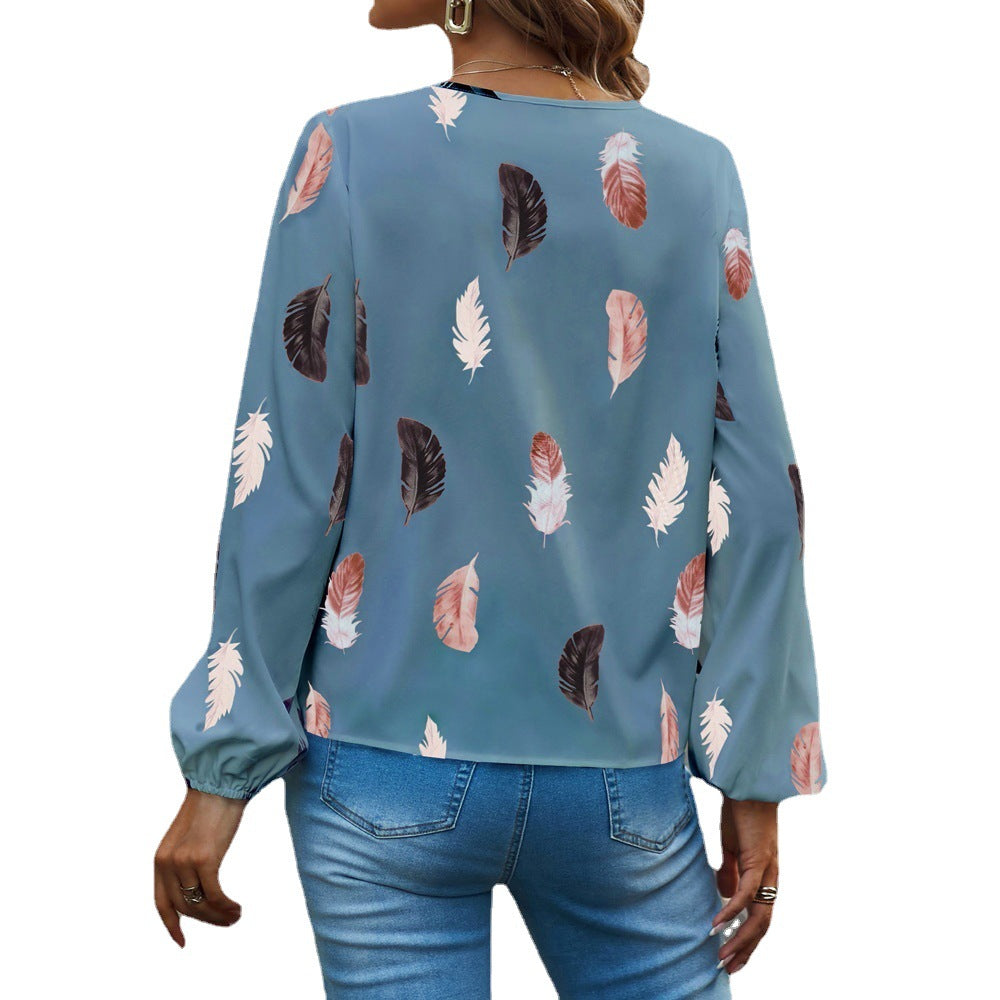 Feather print lantern sleeve blouse in white crepe with dusty rose and charcoal feathers, view 5