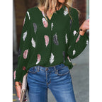 Feather print lantern sleeve blouse in white crepe with dusty rose and charcoal feathers, view 10