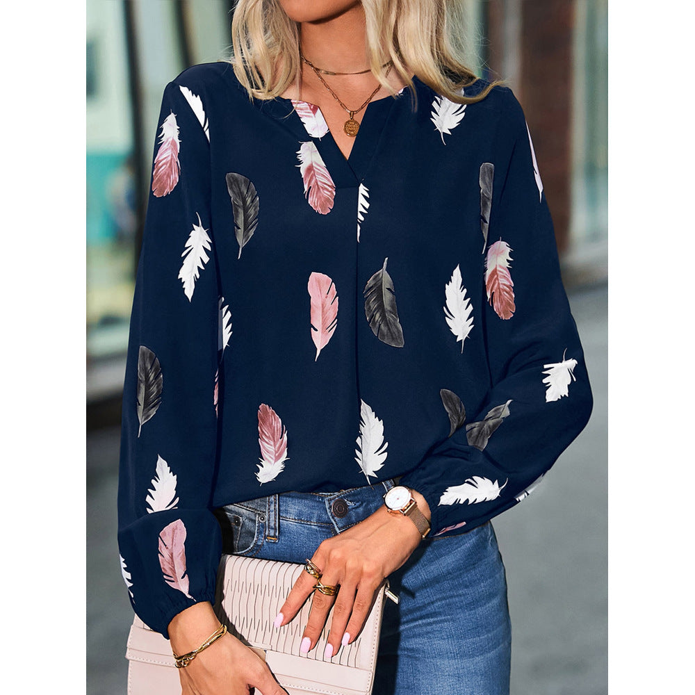 Feather print lantern sleeve blouse in white crepe with dusty rose and charcoal feathers, view 4