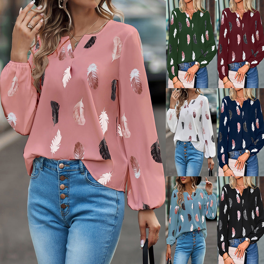 Feather print lantern sleeve blouse in white crepe with dusty rose and charcoal feathers, view 2