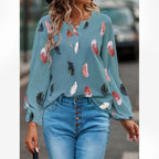 Feather print lantern sleeve blouse in white crepe with dusty rose and charcoal feathers, view 11