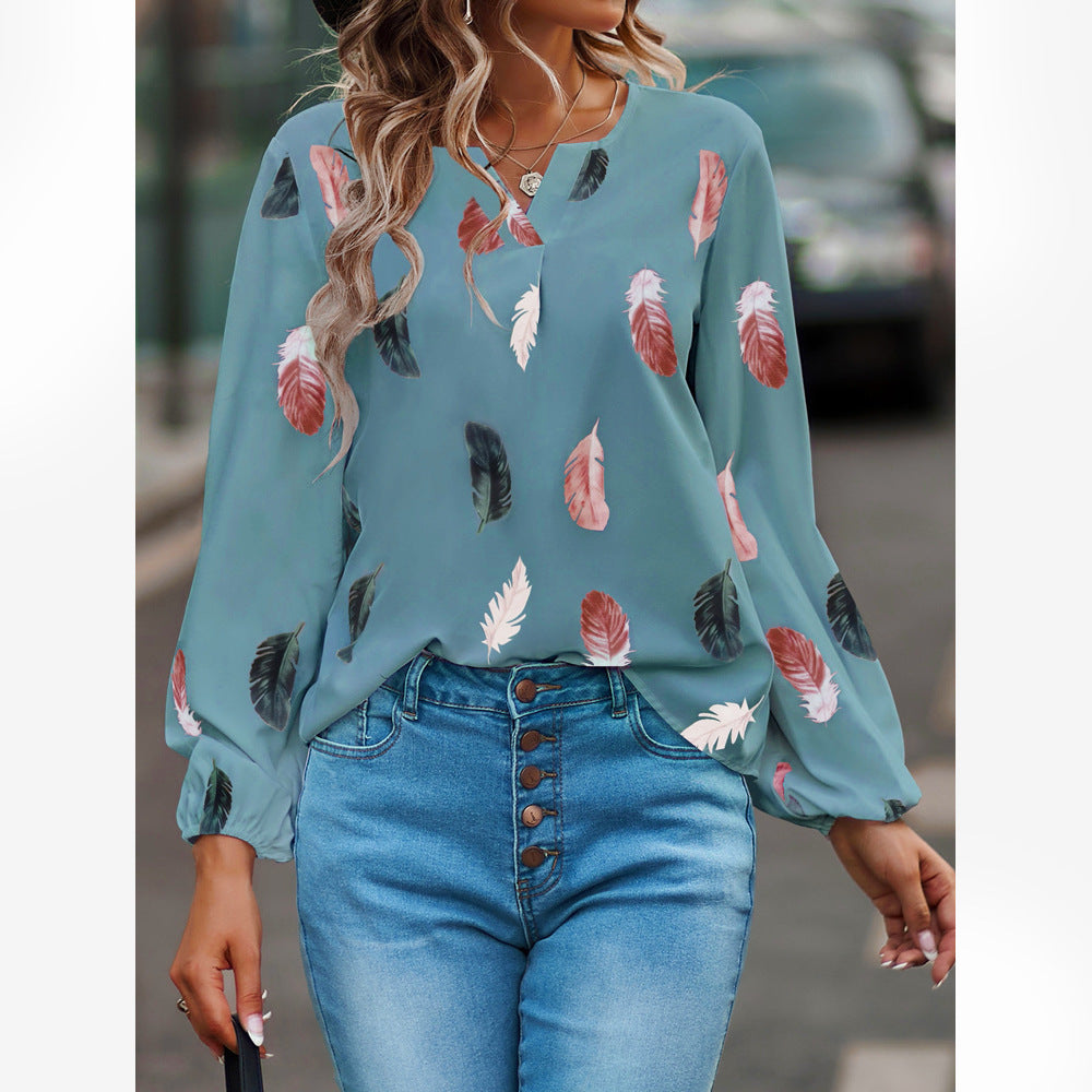 Feather print lantern sleeve blouse in white crepe with dusty rose and charcoal feathers, view 11