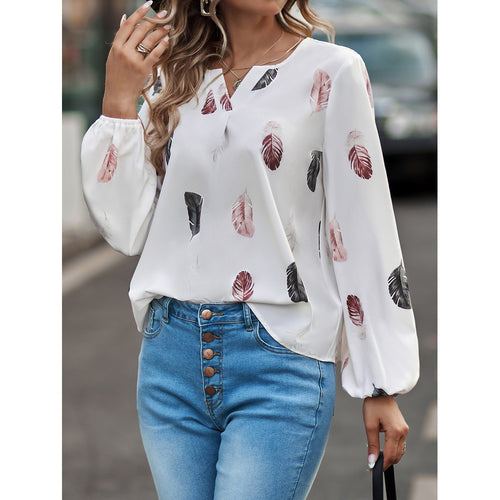 Feather print lantern sleeve blouse in white crepe with dusty rose and charcoal feathers