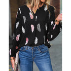 Feather print lantern sleeve blouse in white crepe with dusty rose and charcoal feathers, view 8