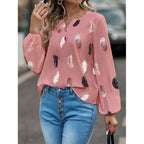 Feather print lantern sleeve blouse in white crepe with dusty rose and charcoal feathers, view 7