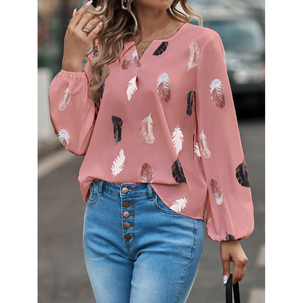 Feather print lantern sleeve blouse in white crepe with dusty rose and charcoal feathers, view 7