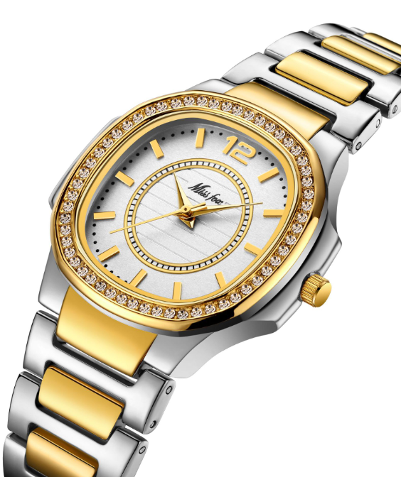 Two tone bracelet watch in silver and rose gold with crystal bezel, view 3