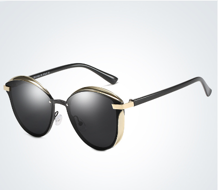 Cat eye sunglasses in brown acetate with gold metal brow accents, view 6