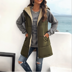 Hooded sherpa-lined vest in deep olive twill, long cut