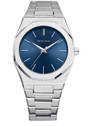 Blue dial watch with brushed stainless steel integrated bracelet, view 2